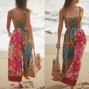 Anthropologie Multicoloured Print  Patchwork Jumpsuit Flowy Pants Summer Cami